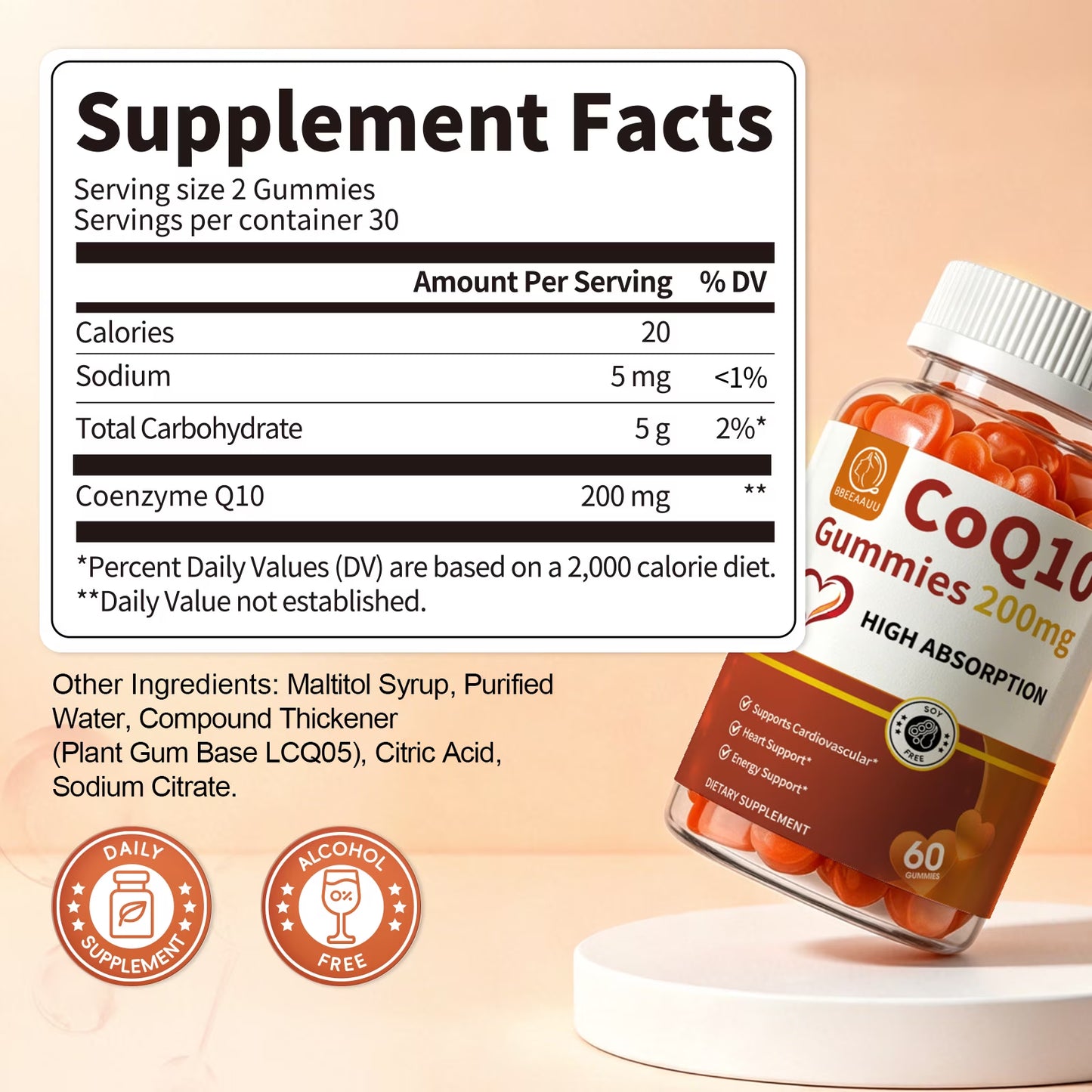 Coenzyme Q10 Gummies 200Mg - High Potency COQ10 Gummies Supplement for Heart Health & Energy Support, Plant-Based, 60 Count (30-Day Supply)
