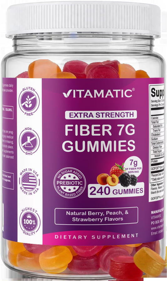 Prebiotic Fiber Gummies for Adults, 7G Extra Strength, Zero Sugar Added, 240 Pectin Based Gummies, Digestive Health & Regularity Support