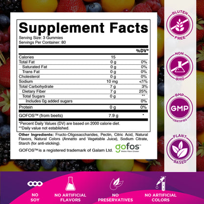 Prebiotic Fiber Gummies for Adults, 7G Extra Strength, Zero Sugar Added, 240 Pectin Based Gummies, Digestive Health & Regularity Support