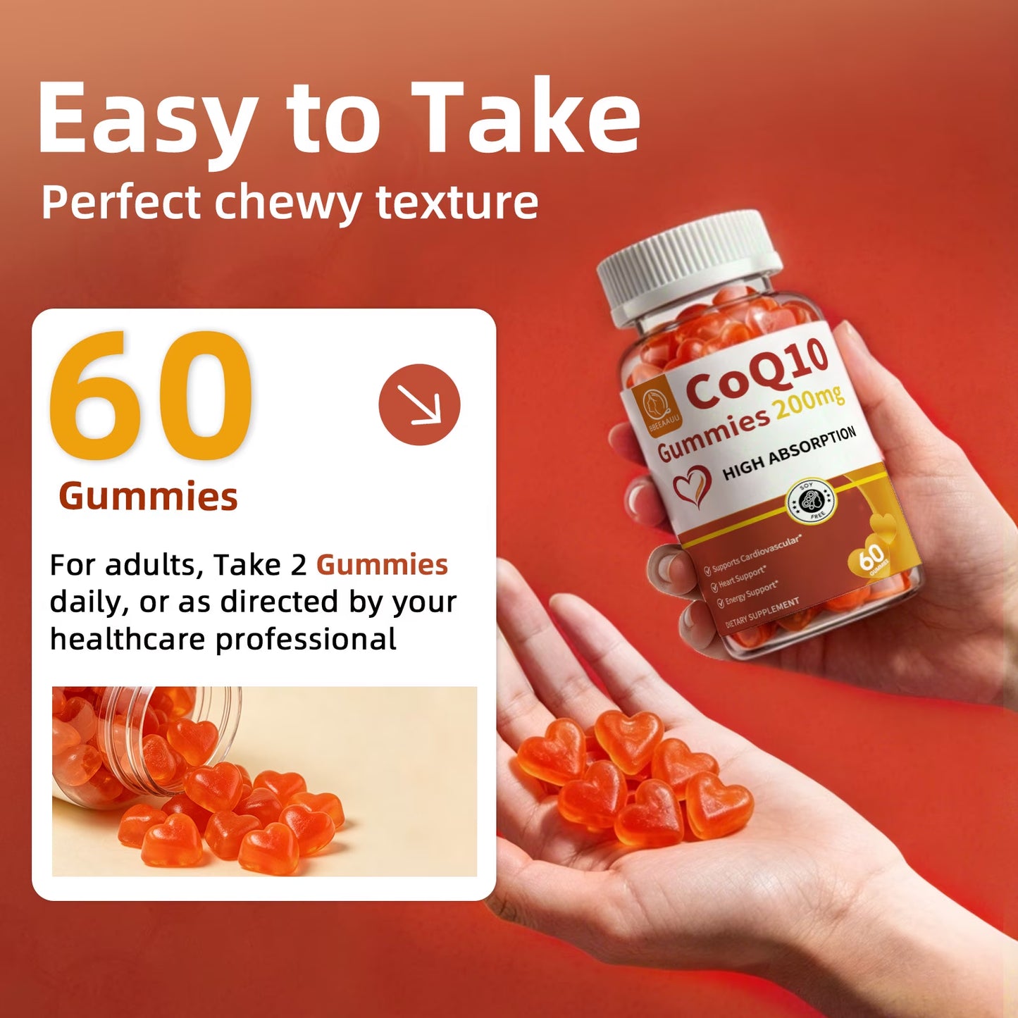 Coenzyme Q10 Gummies 200Mg - High Potency COQ10 Gummies Supplement for Heart Health & Energy Support, Plant-Based, 60 Count (30-Day Supply)
