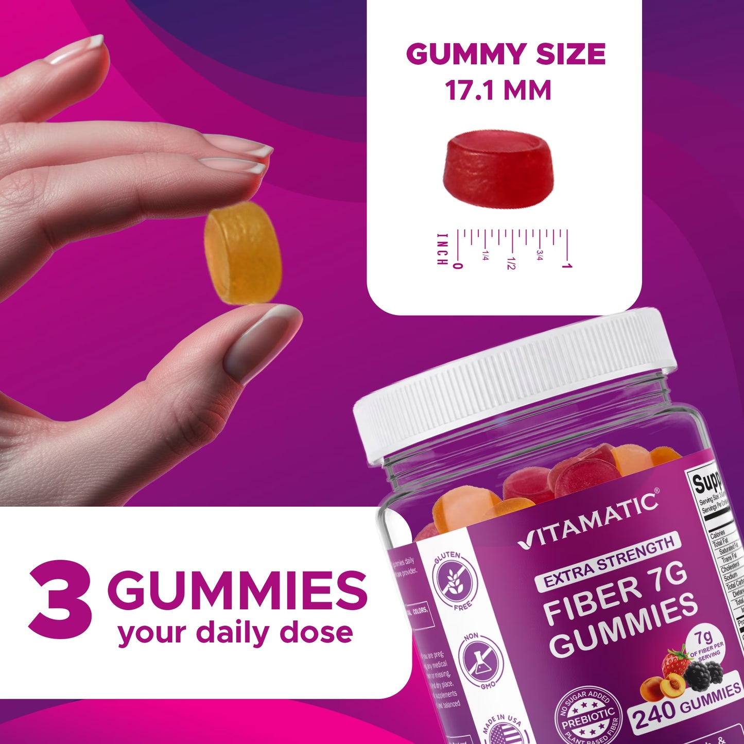Prebiotic Fiber Gummies for Adults, 7G Extra Strength, Zero Sugar Added, 240 Pectin Based Gummies, Digestive Health & Regularity Support