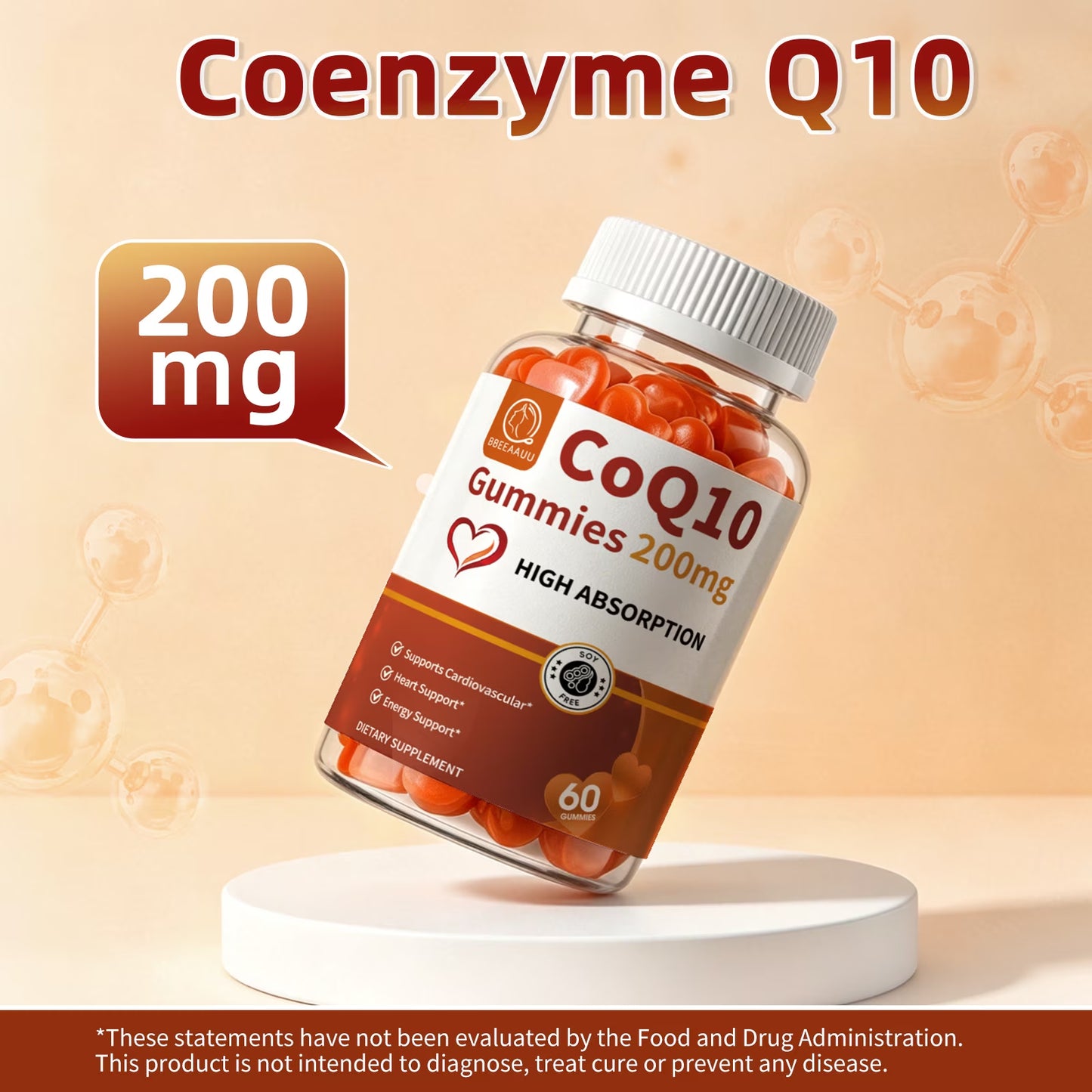 Coenzyme Q10 Gummies 200Mg - High Potency COQ10 Gummies Supplement for Heart Health & Energy Support, Plant-Based, 60 Count (30-Day Supply)