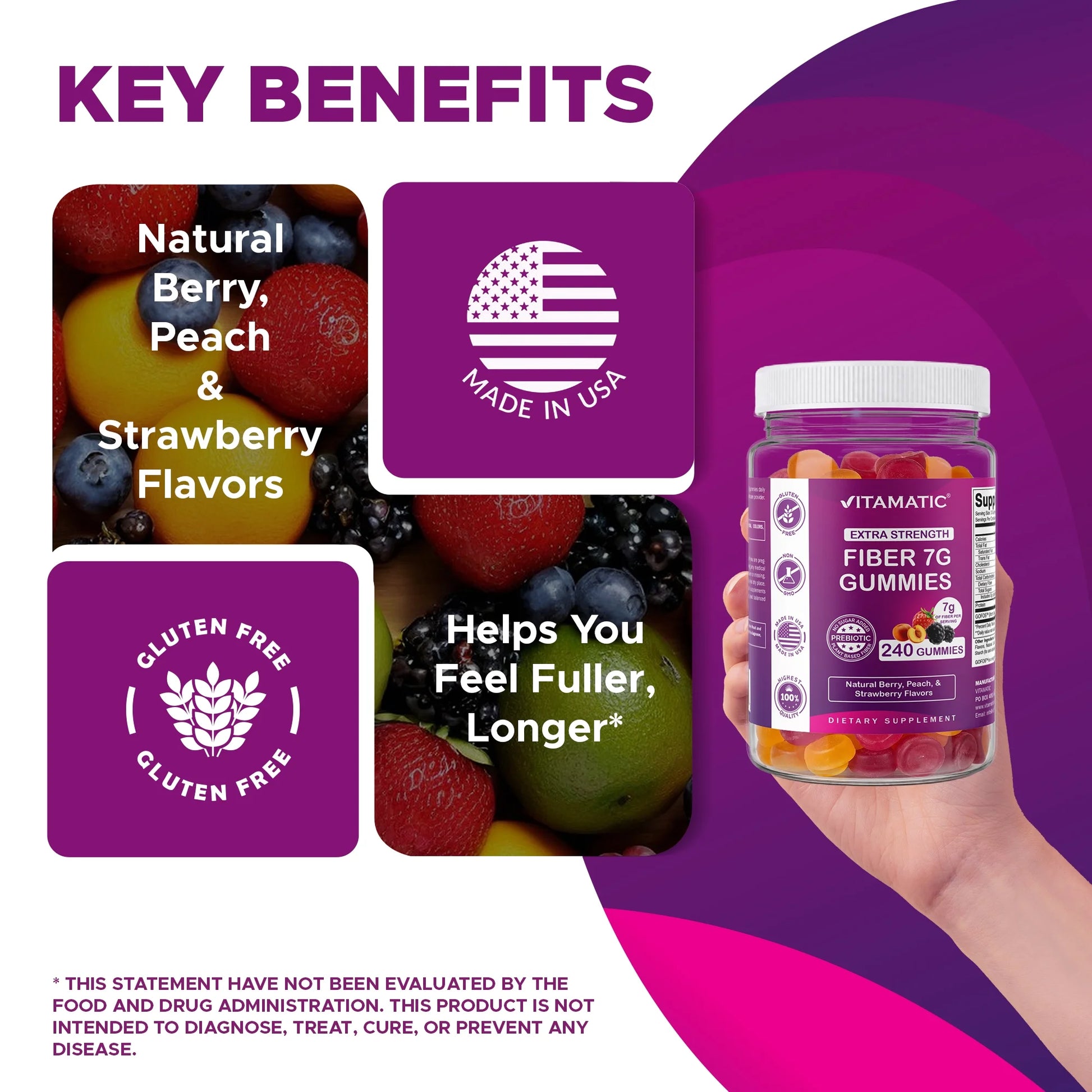 Prebiotic Fiber Gummies for Adults, 7G Extra Strength, Zero Sugar Added, 240 Pectin Based Gummies, Digestive Health & Regularity Support