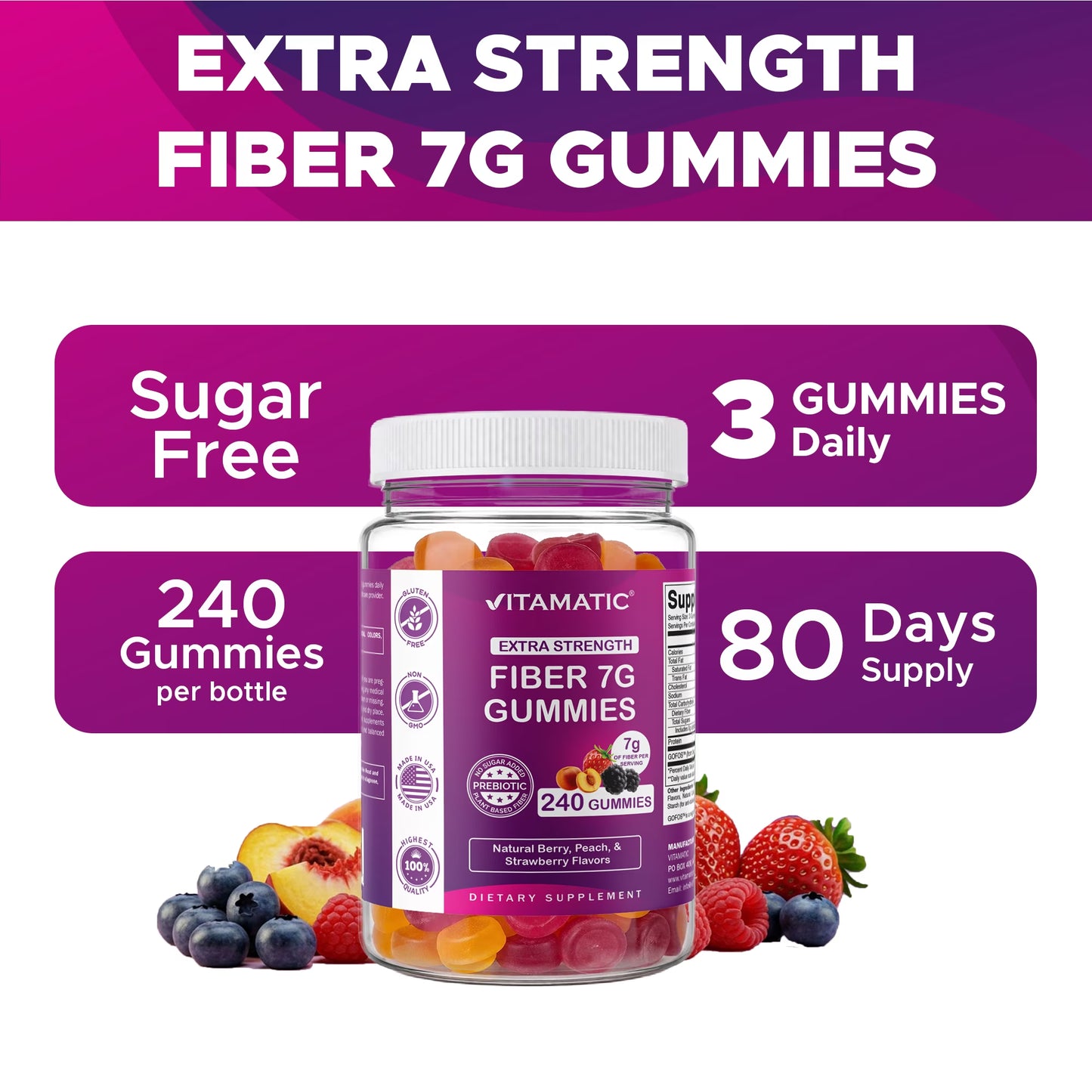 Prebiotic Fiber Gummies for Adults, 7G Extra Strength, Zero Sugar Added, 240 Pectin Based Gummies, Digestive Health & Regularity Support