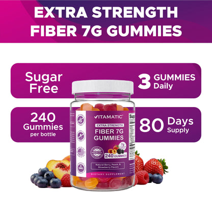 Prebiotic Fiber Gummies for Adults, 7G Extra Strength, Zero Sugar Added, 240 Pectin Based Gummies, Digestive Health & Regularity Support