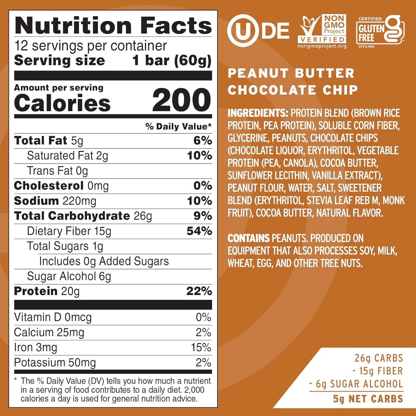 Vegan Protein Bars, Upgraded Peanut Butter Chocolate Chip | 20G Plant Based Protein, Gluten Free, Dairy Free, Soy Free, Keto Friendly, Low Sugar, High Fiber Snack Bars | Pack of 12