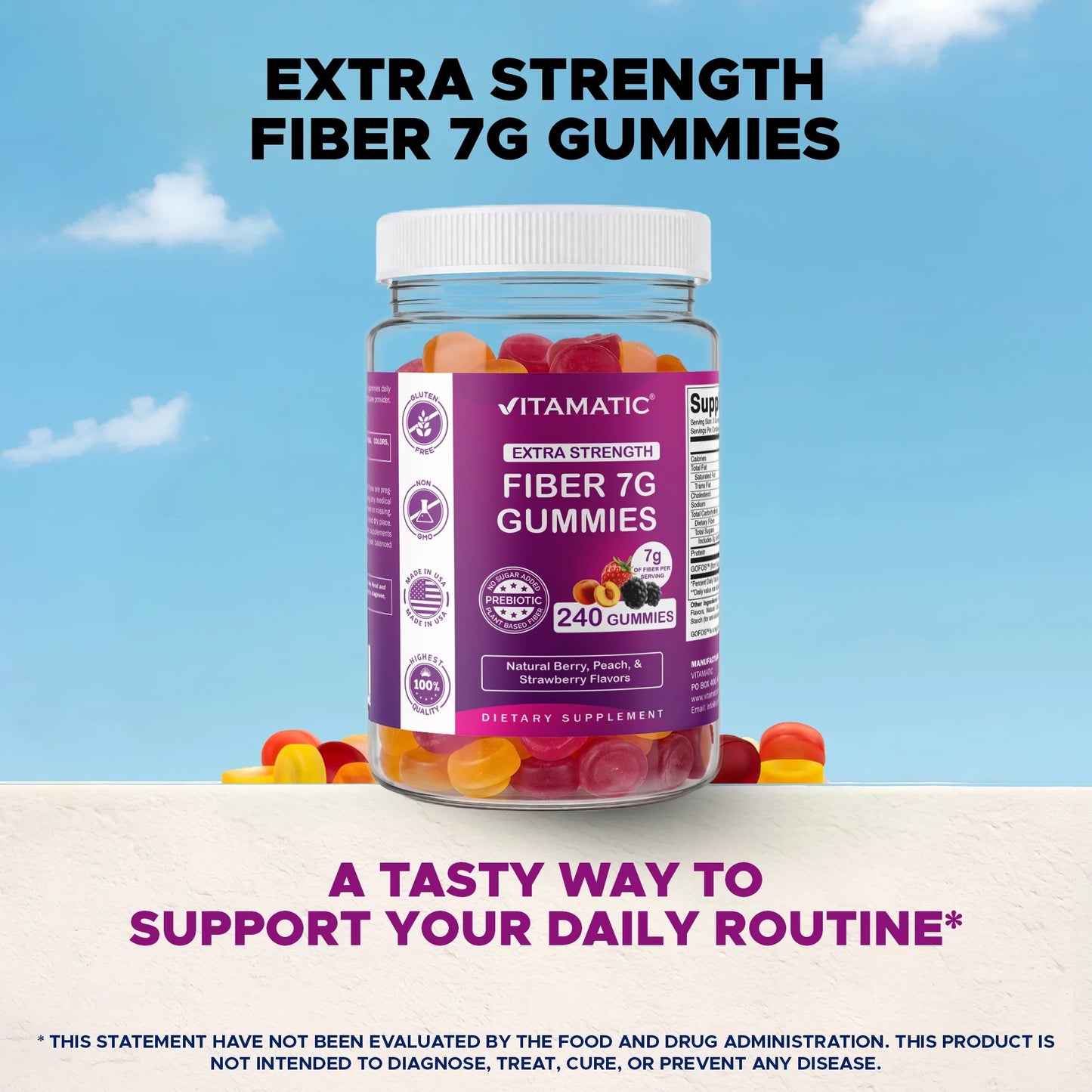 Prebiotic Fiber Gummies for Adults, 7G Extra Strength, Zero Sugar Added, 240 Pectin Based Gummies, Digestive Health & Regularity Support
