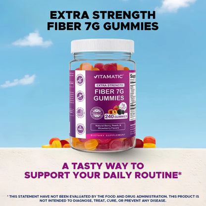 Prebiotic Fiber Gummies for Adults, 7G Extra Strength, Zero Sugar Added, 240 Pectin Based Gummies, Digestive Health & Regularity Support
